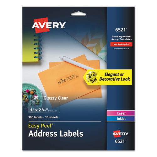 Glossy Clear Easy Peel Mailing Labels w/ Sure Feed Technology, Inkjet/Laser Printers, 1 x 2.63, 30/Sheet, 10 Sheets/Pack