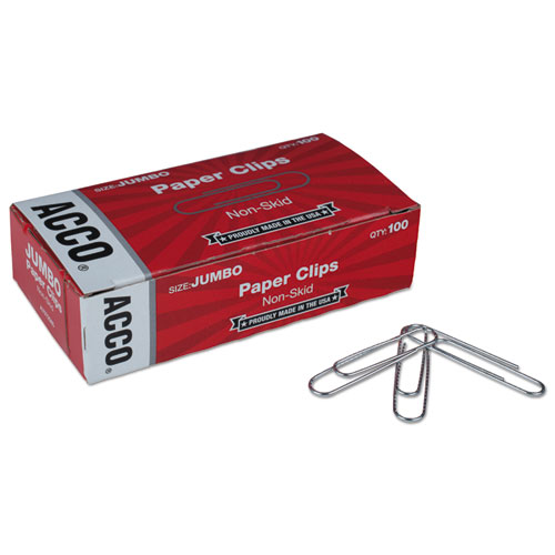 ACCO Paper Clips, Jumbo, Nonskid, Silver, 100 Clips/Box, 10 Boxes/Pack