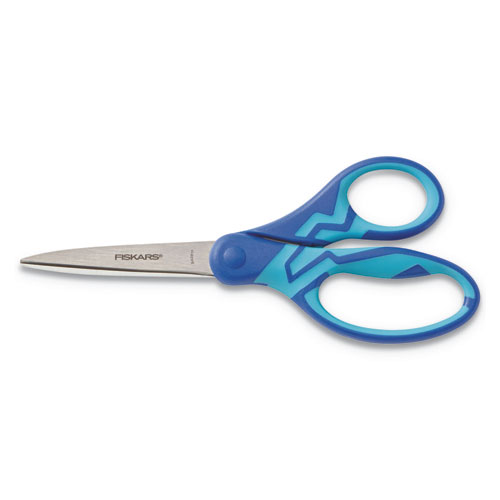 Kids/Student Softgrip Scissors, Pointed Tip, 7" Long, 2.63" Cut Length, Blue Straight Handle