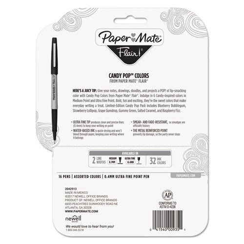 Flair Felt Tip Porous Point Pen, Stick, Extra-Fine 0.4 mm, Assorted Ink Colors, Gray Barrel, 16/Pack
