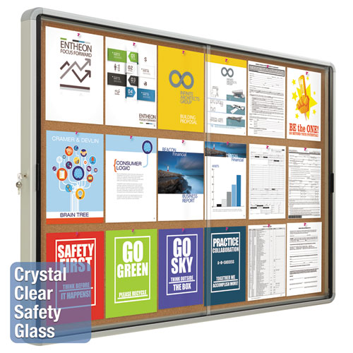 Image of Enclosed Indoor Cork Bulletin Board w/Sliding Glass Doors, 56 x 39, Silver Frame