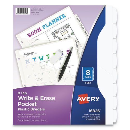 Write and Erase Durable Plastic Dividers with Straight Pocket, 8-Tab, 11.13 x 9.25, White, 1 Set