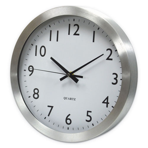Brushed Aluminum Wall Clock, 12" Overall Diameter, Silver Case, 1 AA (sold separately)