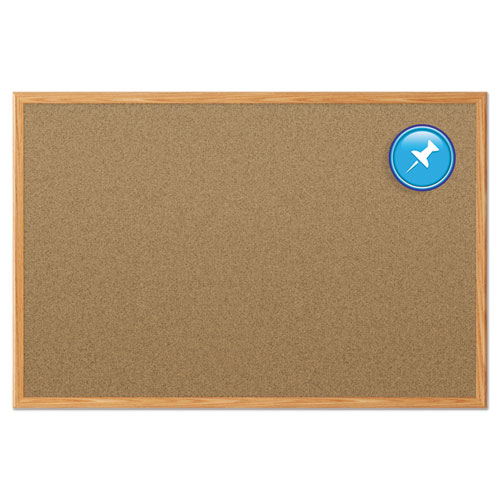 Economy Cork Board with Oak Frame, 48 x 36, Tan Surface, Oak Fiberboard Frame