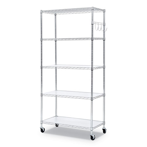 Image of 5-Shelf Wire Shelving Kit with Casters and Shelf Liners, 36w x 18d x 72h, Silver