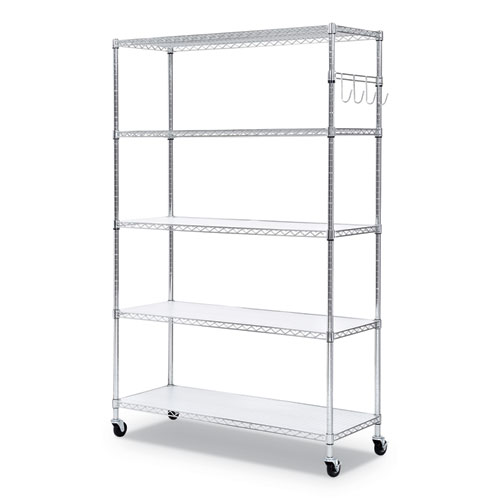 Image of 5-Shelf Wire Shelving Kit with Casters and Shelf Liners, 48w x 18d x 72h, Silver