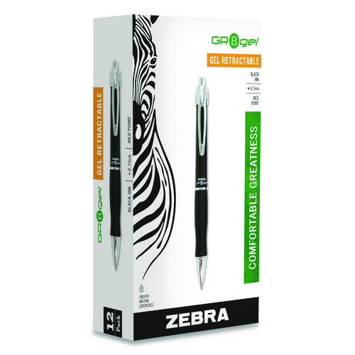 Image of Zebra® Gr8 Gel Pen, Retractable, Medium 0.7 Mm, Black Ink, Black/Silver Barrel, 12/Pack