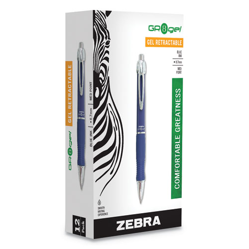 Image of Zebra® Gr8 Gel Pen, Retractable, Medium 0.7 Mm, Blue Ink, Blue/Silver Barrel, 12/Pack