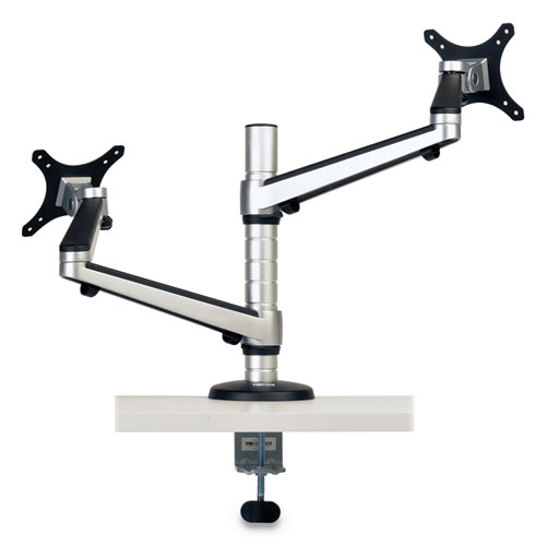 DUAL MONITOR MOUNT, FOR 13" TO 27" MONITORS, 360 ROTATION, +80/-90 TILT, 180 PAN, BLACK/SILVER, SUPPORTS 22 LBS