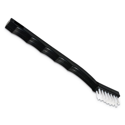 Image of Carlisle Flo-Pac Utility Toothbrush Style Maintenance Brush, White Nylon Bristles, 7.25" Brush, 7" Black Polypropylene Handle