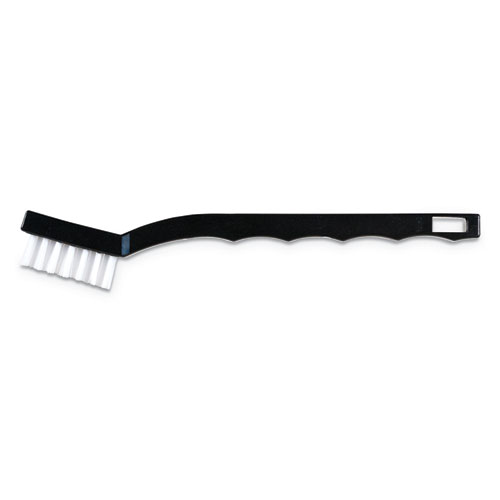 Image of Carlisle Flo-Pac Utility Toothbrush Style Maintenance Brush, White Nylon Bristles, 7.25" Brush, 7" Black Polypropylene Handle