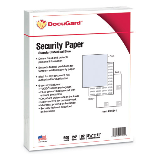 DocuGard™ Medical Security Papers, 24 lb Bond Weight, 8.5 x 11, Blue, 500/Ream