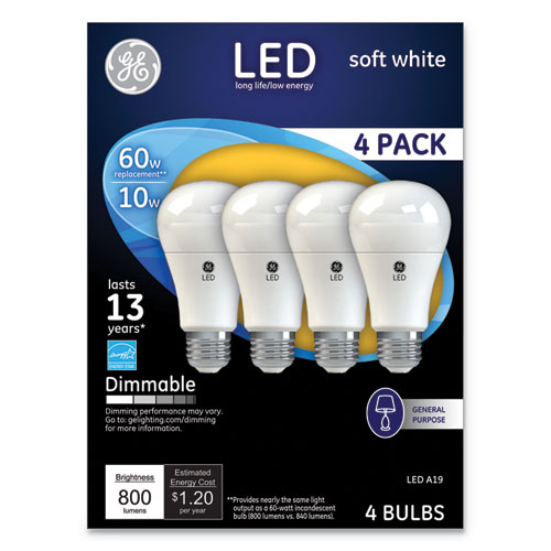 Image of LED Soft White A19 Dimmable Light Bulb, 10 W, 4/Pack