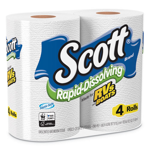 Image of Scott® Rapid-Dissolving Toilet Paper, Bath Tissue, Septic Safe, 1-Ply, White, 231 Sheets/Roll, 4/Rolls/Pack, 12 Packs/Carton