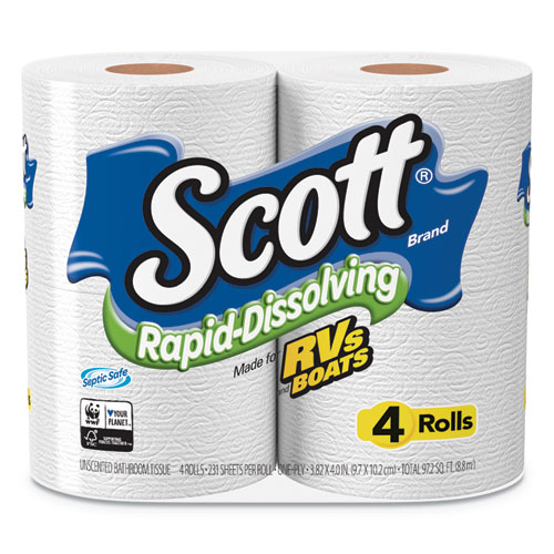 Scott® Rapid-Dissolving Toilet Paper, Bath Tissue, Septic Safe, 1-Ply, White, 231 Sheets/Roll, 4/Rolls/Pack, 12 Packs/Carton