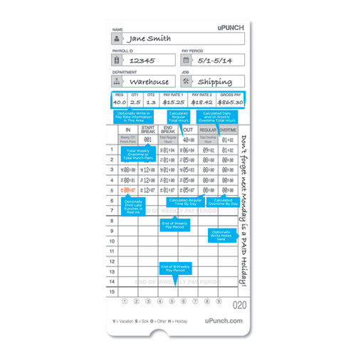 Time Clock Cards for uPunch HN2000/HN4000/HN4600, Two Sides, 7.5 x 3.5, 100/Pack