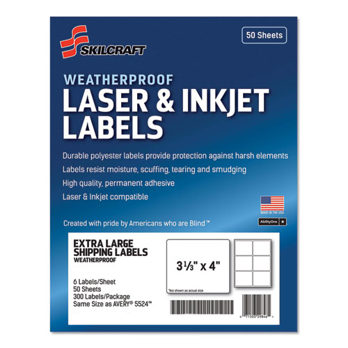 7530016736217 SKILCRAFT Weatherproof Mailing Labels, Inkjet/Laser Printers, 3.33 x 4, White, 6/Sheet, 50 Sheets/Pack