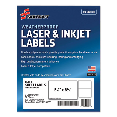 7530016736219 SKILCRAFT Weatherproof Mailing Labels, Laser Printers, 5.5 x 8.5, White, 2/Sheet, 50 Sheets/Pack