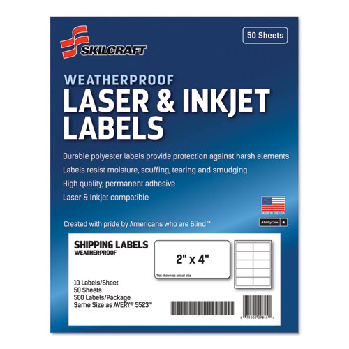 7530016736220 SKILCRAFT Weatherproof Mailing Labels, Laser Printers, 2 x 4, White, 10/Sheet, 50 Sheets/Pack