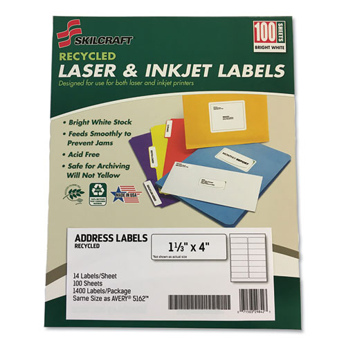 7530016736513 SKILCRAFT Recycled Laser and Inkjet Labels, Inkjet/Laser Printers, 1.33 x 4, White, 14/Sheet, 100 Sheets/Box