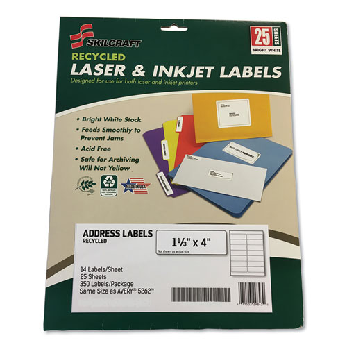 7530016736514 SKILCRAFT Recycled Laser and Inkjet Labels, Inkjet/Laser Printers, 1.33 x 4, White, 14/Sheet, 25 Sheets/Pack