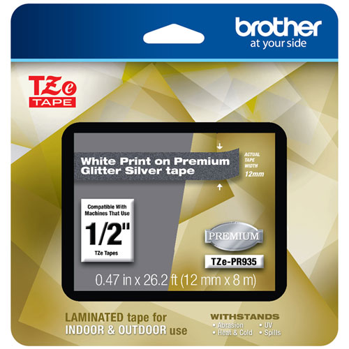 TZe Premium Laminated Tape, 0.47" x 26.2 ft, White on Silver