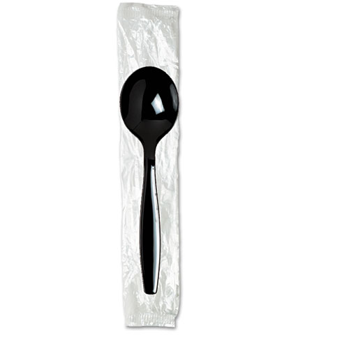 Image of Individually Wrapped Heavyweight Soup Spoons, Polystyrene, Black, 1,000/Carton
