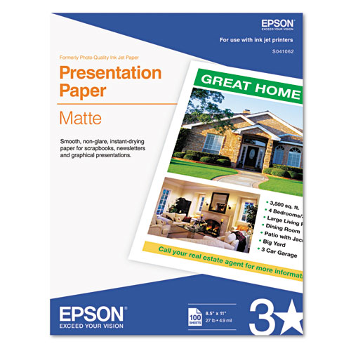 Image of Epson® Matte Presentation Paper, 4.9 Mil, 8.5 X 11, Matte Bright White, 100/Pack