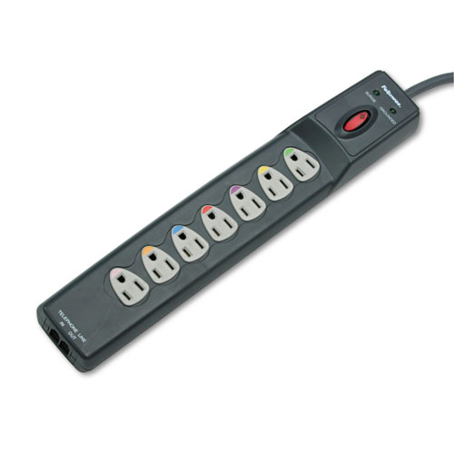 Fellowes® Power Guard Surge Protector, 7 AC Outlets, 12 ft Cord, 1,600 J, Graphite Gray