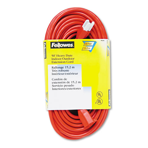 Fellowes® Indoor/Outdoor Heavy-Duty 3-Prong Plug Extension Cord, 50 ft, 13 A, Orange