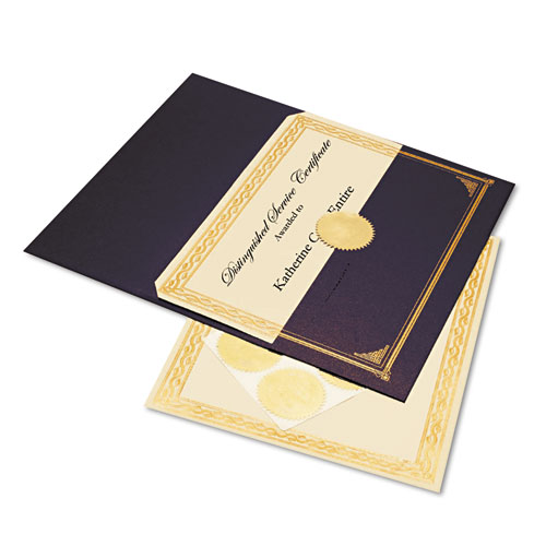 Ivory/Gold Foil Embossed Award Certificate Kit, 8.5 x 11, Blue Metallic Cover, Gold Border, 6/KIt