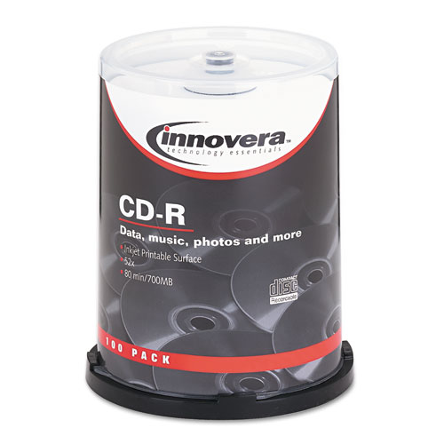 CD-R Inkjet Printable Recordable Disc, 700 MB/80 min, 52x, Spindle, Matte White, 100/Pack