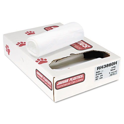 INDUSTRIAL STRENGTH COMMERCIAL CORELESS ROLL CAN LINERS, 60 GAL, 13 MICRONS, 38" X 60", NATURAL, 200/CARTON