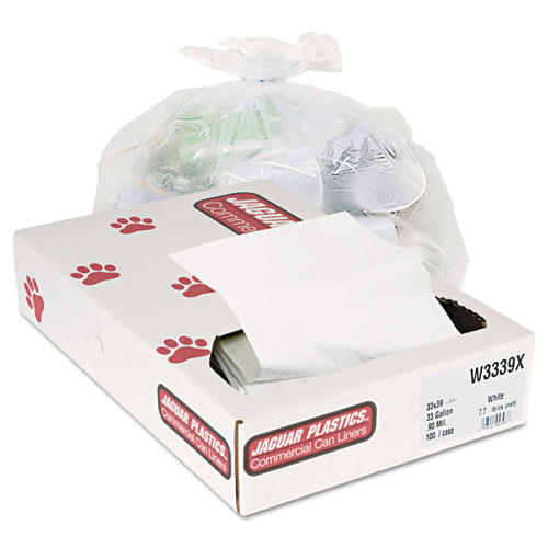 INDUSTRIAL STRENGTH LOW-DENSITY COMMERCIAL CAN LINERS, 33 GAL, 0.9 MIL, 33" X 39", WHITE, 100/CARTON