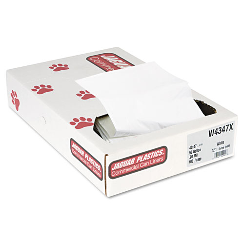 INDUSTRIAL STRENGTH LOW-DENSITY COMMERCIAL CAN LINERS, 56 GAL, 0.9 MIL, 43" X 47", WHITE, 100/CARTON
