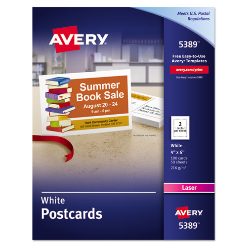 Avery® Printable Postcards, Laser, 80 Lb, 4 X 6, Uncoated White, 100 Cards, 2/Cards/Sheet, 50 Sheets/Box