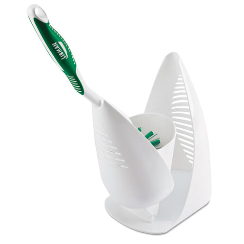 Premium Angled Toilet Bowl Brush and Caddy, White/Green, 4/Carton