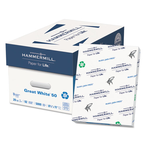 GREAT WHITE 50 RECYCLED PRINT PAPER, 92 BRIGHT, 20LB, 8.5 X 11, WHITE, 500 SHEETS/REAM, 10 REAMS/CARTON