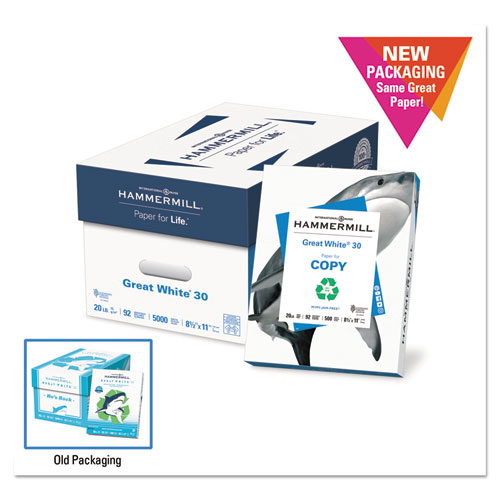 Great White 30 Recycled Print Paper, 92 Bright, 20lb, 8.5 x 11, White, 500 Sheets/Ream, 10 Reams/Carton, 40 Cartons/Pallet