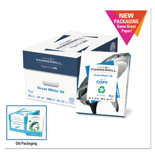Great White 30 Recycled Print Paper, 92 Bright, 3Hole, 20lb, 8.5 x 11, White, 500 Sheets/Ream, 10 Reams/Carton