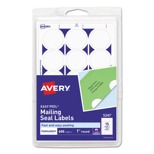 Avery® Printable Mailing Seals, 1" dia., White, 15/Sheet, 40 Sheets/Pack, (5247)