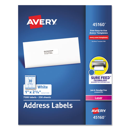 Image of White Address Labels w/ Sure Feed Technology for Laser Printers, Laser Printers, 1 x 2.63, White, 30/Sheet, 250 Sheets/Box