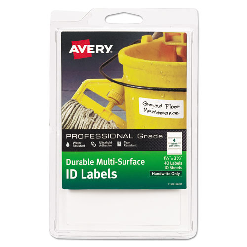 Avery® Durable Permanent Multi-Surface Id Labels, Inkjet/Laser Printers, 1.25 X 3.5, White, 4/Sheet, 10 Sheets/Pack