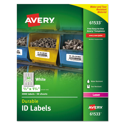 DURABLE PERMANENT ID LABELS WITH TRUEBLOCK TECHNOLOGY, LASER PRINTERS, 0.66 X 1.75, WHITE, 60/SHEET, 50 SHEETS/PACK