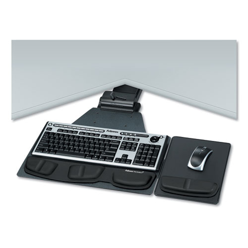 Image of Professional Corner Executive Keyboard Tray, 19w x 14.75d, Black