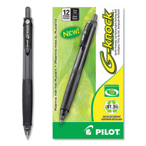 Pilot® G-Knock BeGreen Gel Pen, Retractable, Fine 0.7 mm, Black Ink, Black Barrel, Dozen