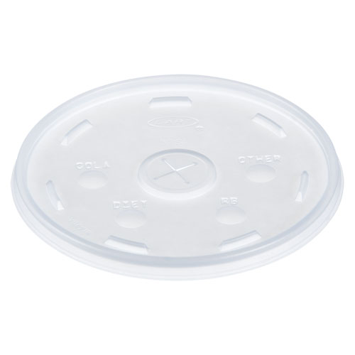 PLASTIC LIDS FOR FOAM CUPS, BOWLS AND CONTAINERS, FLAT WITH STRAW SLOT, FITS 12-60 OZ, TRANSLUCENT, 500/CARTON