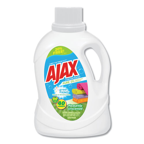 Ajax® Laundry Detergent Liquid, Green and Kind, Unscented, 40 Loads, 60 oz Bottle, 6/Carton