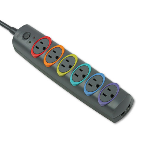 Kensington® SmartSockets Color-Coded Strip Surge Protector, 6 Outlets, 6 ft Cord, 670 Joules