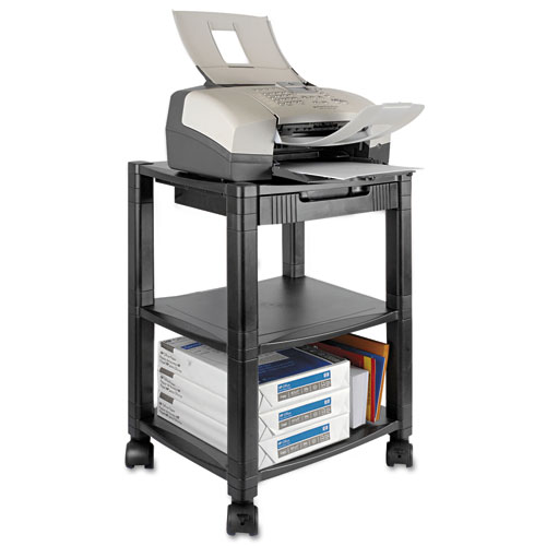 Image of Kantek Height-Adjustable Deskside Printer Cart, Plastic, 3 Shelves, 1 Drawer, 75 Lb Capacity, 17" X 13.25" X 24.5", Black
